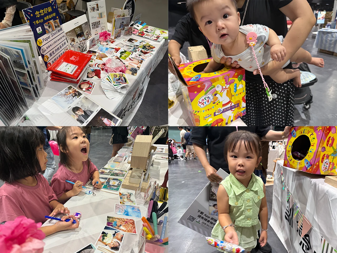 念念印刷展位上，小朋友專心地塗鴉壓克力姓名吊牌，小寶寶在媽媽懷中也可以試試手氣參加抽獎，還有最受歡迎的玉米棒。